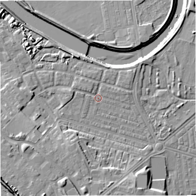 Shaded relief map of the ground around M66DU, computed from Environment Agency LiDAR. The ground here sits at about 32 m above sea level and falls 17 m across the surrounding 800 m. Surface water reaching this point runs off ground lying to the north-west, 5.0 m higher.