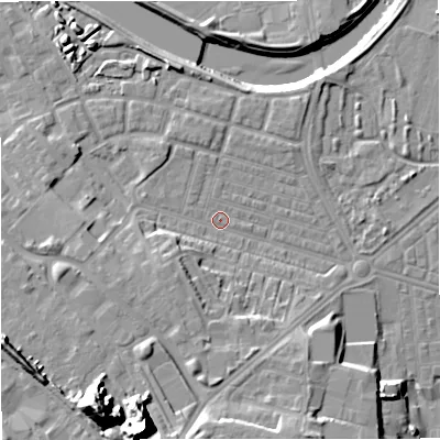 Shaded relief map of the ground around M66DW, computed from Environment Agency LiDAR. The ground here sits at about 32 m above sea level and falls 28 m across the surrounding 800 m. Surface water reaching this point runs off ground lying to the west, 6.8 m higher.