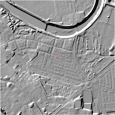 Shaded relief map of the ground around M66DY, computed from Environment Agency LiDAR. The ground here sits at about 32 m above sea level and falls 17 m across the surrounding 800 m. Surface water reaching this point runs off ground lying to the north-west, 5.0 m higher.