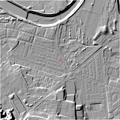 Shaded relief map of the ground around M66ED, computed from Environment Agency LiDAR. The ground here sits at about 31 m above sea level and falls 27 m across the surrounding 800 m. Surface water reaching this point runs off ground lying to the west-north-west, 2.9 m higher.