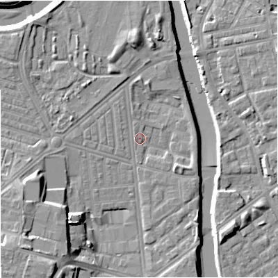 Shaded relief map of the ground around M66EE, computed from Environment Agency LiDAR. The ground here sits at about 29 m above sea level and falls 16 m across the surrounding 800 m. Surface water reaching this point runs off ground lying to the south-east, 3.1 m higher.
