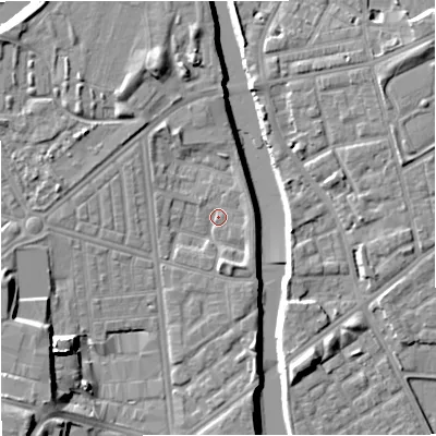 Shaded relief map of the ground around M66EF, computed from Environment Agency LiDAR. The ground here sits at about 29 m above sea level and falls 16 m across the surrounding 800 m. Surface water reaching this point runs off ground lying to the south-south-east, 3.1 m higher.