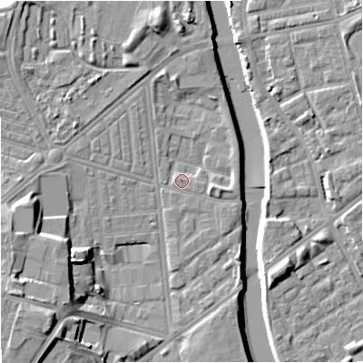Shaded relief map of the ground around M66EG, computed from Environment Agency LiDAR. The ground here sits at about 30 m above sea level and falls 16 m across the surrounding 800 m. Surface water reaching this point runs off ground lying to the east-south-east, 3.1 m higher.