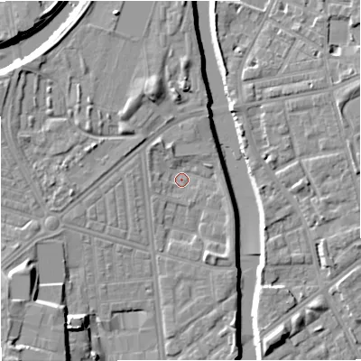 Shaded relief map of the ground around M66EH, computed from Environment Agency LiDAR. The ground here sits at about 29 m above sea level and falls 16 m across the surrounding 800 m. Surface water reaching this point runs off ground lying to the south-south-east, 3.2 m higher.