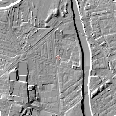 Shaded relief map of the ground around M66EP, computed from Environment Agency LiDAR. The ground here sits at about 30 m above sea level and falls 16 m across the surrounding 800 m. Surface water reaching this point runs off ground lying to the east-south-east, 3.1 m higher.