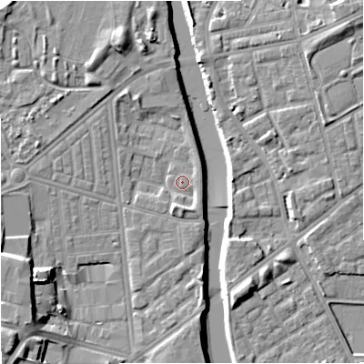 Shaded relief map of the ground around M66EQ, computed from Environment Agency LiDAR. The ground here sits at about 29 m above sea level and falls 16 m across the surrounding 800 m. Surface water reaching this point runs off ground lying to the south, 3.0 m higher.