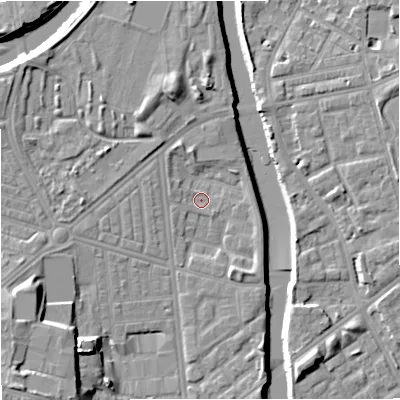 Shaded relief map of the ground around M66ER, computed from Environment Agency LiDAR. The ground here sits at about 29 m above sea level and falls 16 m across the surrounding 800 m. Surface water reaching this point runs off ground lying to the south-south-east, 3.2 m higher.