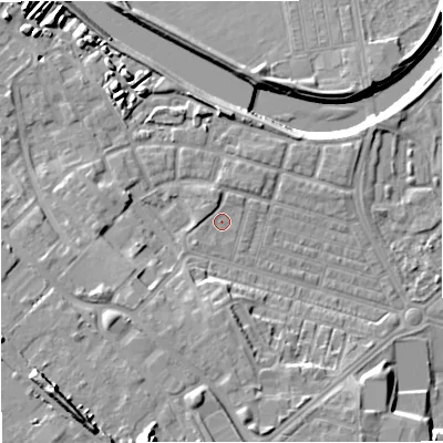 Shaded relief map of the ground around M66ET, computed from Environment Agency LiDAR. The ground here sits at about 33 m above sea level and falls 19 m across the surrounding 800 m. Surface water reaching this point runs off ground lying to the west-south-west, 6.5 m higher.