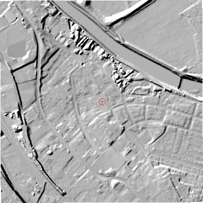 Shaded relief map of the ground around M66EW, computed from Environment Agency LiDAR. The ground here sits at about 33 m above sea level and falls 20 m across the surrounding 800 m. Surface water reaching this point runs off ground lying to the west, 10.8 m higher.