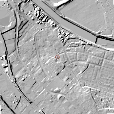 Shaded relief map of the ground around M66EY, computed from Environment Agency LiDAR. The ground here sits at about 34 m above sea level and falls 21 m across the surrounding 800 m. Surface water reaching this point runs off ground lying to the south, 1.8 m higher.