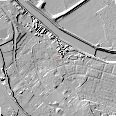 Shaded relief map of the ground around M66EZ, computed from Environment Agency LiDAR. The ground here sits at about 33 m above sea level and falls 20 m across the surrounding 800 m. Surface water reaching this point runs off ground lying to the north-north-east, 2.4 m higher.