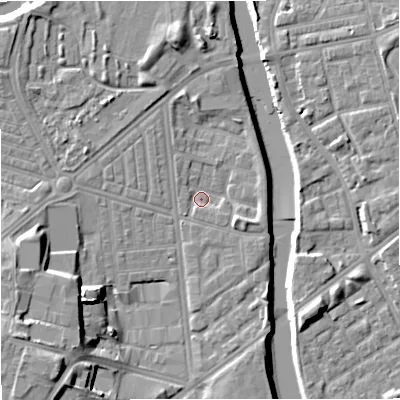 Shaded relief map of the ground around M66FH, computed from Environment Agency LiDAR. The ground here sits at about 29 m above sea level and falls 16 m across the surrounding 800 m. Surface water reaching this point runs off ground lying to the east-south-east, 3.1 m higher.