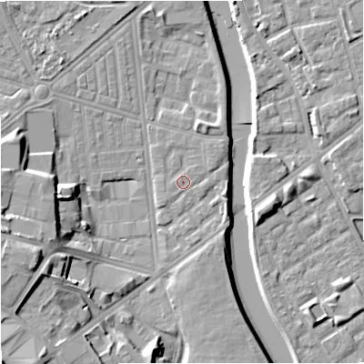 Shaded relief map of the ground around M66FJ, computed from Environment Agency LiDAR. The ground here sits at about 30 m above sea level and falls 18 m across the surrounding 800 m. Surface water reaching this point runs off ground lying to the north-east, 0.9 m higher.