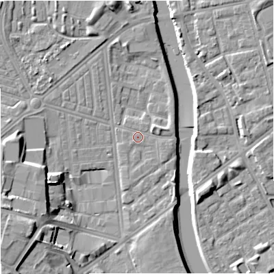 Shaded relief map of the ground around M66FN, computed from Environment Agency LiDAR. The ground here sits at about 30 m above sea level and falls 16 m across the surrounding 800 m. Surface water reaching this point runs off ground lying to the east-south-east, 0.8 m higher.