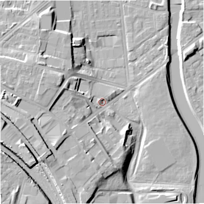 Shaded relief map of the ground around M66FP, computed from Environment Agency LiDAR. The ground here sits at about 31 m above sea level and falls 21 m across the surrounding 800 m. Surface water reaching this point runs off ground lying to the west, 14.2 m higher.