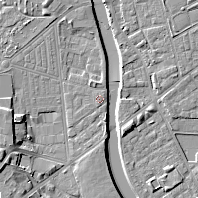 Shaded relief map of the ground around M66FQ, computed from Environment Agency LiDAR. The ground here sits at about 30 m above sea level and falls 16 m across the surrounding 800 m. The ground contributing surface water to this point lies to the north-north-east.