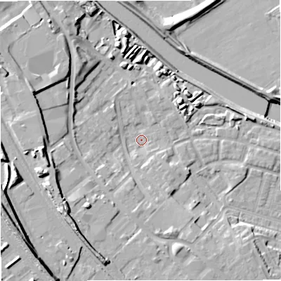Shaded relief map of the ground around M66FY, computed from Environment Agency LiDAR. The ground here sits at about 33 m above sea level and falls 21 m across the surrounding 800 m. Surface water reaching this point runs off ground lying to the south-south-east, 6.2 m higher.