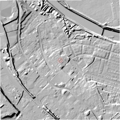 Shaded relief map of the ground around M66GR, computed from Environment Agency LiDAR. The ground here sits at about 35 m above sea level and falls 21 m across the surrounding 800 m. Surface water reaching this point runs off ground lying to the west-south-west, 1.2 m higher.