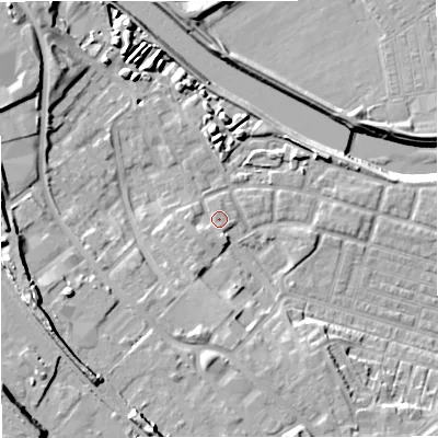 Shaded relief map of the ground around M66GT, computed from Environment Agency LiDAR. The ground here sits at about 34 m above sea level and falls 20 m across the surrounding 800 m. Surface water reaching this point runs off ground lying to the south-west, 1.6 m higher.