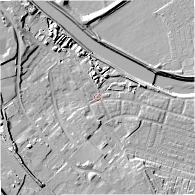 Shaded relief map of the ground around M66GW, computed from Environment Agency LiDAR. The ground here sits at about 33 m above sea level and falls 19 m across the surrounding 800 m. Surface water reaching this point runs off ground lying to the south-west, 10.1 m higher.