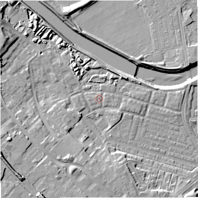 Shaded relief map of the ground around M66GX, computed from Environment Agency LiDAR. The ground here sits at about 33 m above sea level and falls 16 m across the surrounding 800 m. Surface water reaching this point runs off ground lying to the east-south-east, 0.8 m higher.