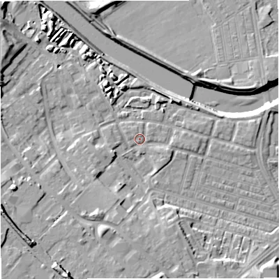Shaded relief map of the ground around M66GY, computed from Environment Agency LiDAR. The ground here sits at about 33 m above sea level and falls 17 m across the surrounding 800 m. Surface water reaching this point runs off ground lying to the south-south-west, 6.5 m higher.