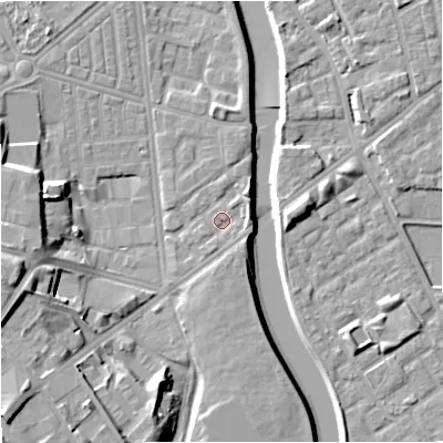 Shaded relief map of the ground around M66HA, computed from Environment Agency LiDAR. The ground here sits at about 30 m above sea level and falls 18 m across the surrounding 800 m. Surface water reaching this point runs off ground lying to the east, 1.5 m higher.
