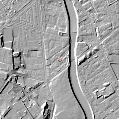 Shaded relief map of the ground around M66HB, computed from Environment Agency LiDAR. The ground here sits at about 30 m above sea level and falls 19 m across the surrounding 800 m. Surface water reaching this point runs off ground lying to the east-north-east, 2.0 m higher.