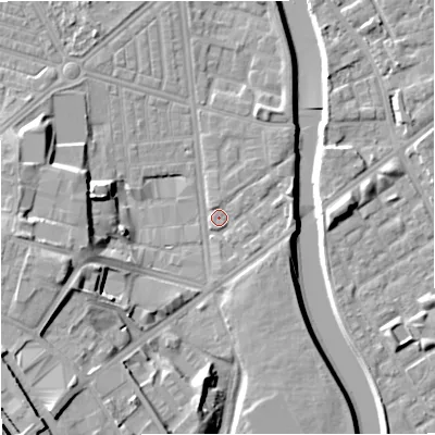 Shaded relief map of the ground around M66HD, computed from Environment Agency LiDAR. The ground here sits at about 29 m above sea level and falls 19 m across the surrounding 800 m. Surface water reaching this point runs off ground lying to the west, 12.9 m higher.