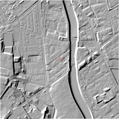 Shaded relief map of the ground around M66HE, computed from Environment Agency LiDAR. The ground here sits at about 30 m above sea level and falls 18 m across the surrounding 800 m. Surface water reaching this point runs off ground lying to the east, 2.0 m higher.