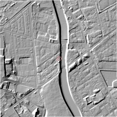 Shaded relief map of the ground around M66HF, computed from Environment Agency LiDAR. The ground here sits at about 30 m above sea level and falls 16 m across the surrounding 800 m. Surface water reaching this point runs off ground lying to the south, 5.4 m higher.