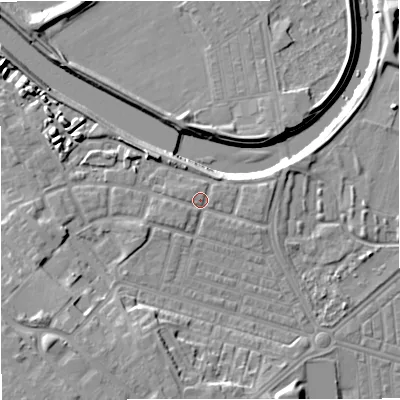 Shaded relief map of the ground around M66HJ, computed from Environment Agency LiDAR. The ground here sits at about 33 m above sea level and falls 13 m across the surrounding 800 m. Surface water reaching this point runs off ground lying to the west-north-west, 5.0 m higher.
