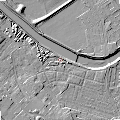 Shaded relief map of the ground around M66HN, computed from Environment Agency LiDAR. The ground here sits at about 33 m above sea level and falls 15 m across the surrounding 800 m. Surface water reaching this point runs off ground lying to the south-south-west, 9.7 m higher.