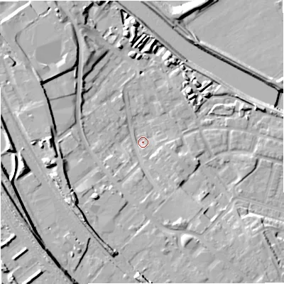 Shaded relief map of the ground around M66HP, computed from Environment Agency LiDAR. The ground here sits at about 33 m above sea level and falls 21 m across the surrounding 800 m. Surface water reaching this point runs off ground lying to the south-south-west, 9.7 m higher.