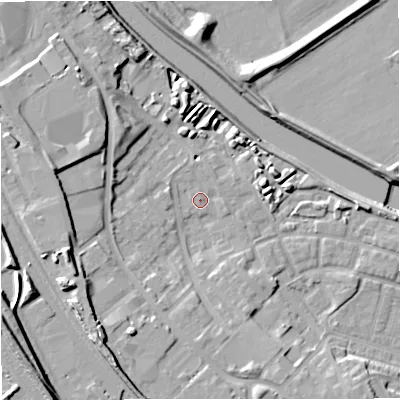 Shaded relief map of the ground around M66HS, computed from Environment Agency LiDAR. The ground here sits at about 34 m above sea level and falls 21 m across the surrounding 800 m. Surface water reaching this point runs off ground lying to the west-south-west, 10.8 m higher.