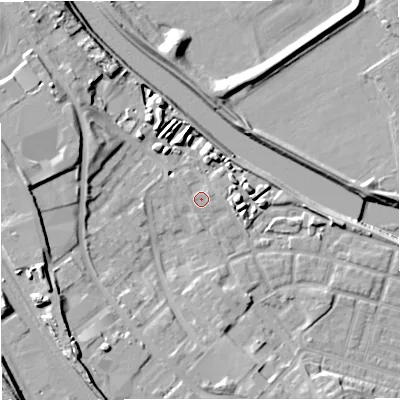 Shaded relief map of the ground around M66HT, computed from Environment Agency LiDAR. The ground here sits at about 34 m above sea level and falls 21 m across the surrounding 800 m. The ground contributing surface water to this point lies to the south-west.