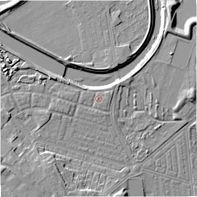 Shaded relief map of the ground around M66HU, computed from Environment Agency LiDAR. The ground here sits at about 33 m above sea level and falls 13 m across the surrounding 800 m. Surface water reaching this point runs off ground lying to the east-north-east, 1.2 m higher.