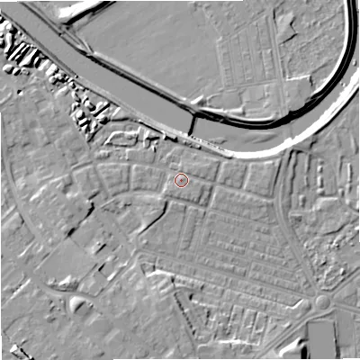 Shaded relief map of the ground around M66HX, computed from Environment Agency LiDAR. The ground here sits at about 33 m above sea level and falls 16 m across the surrounding 800 m. Surface water reaching this point runs off ground lying to the south-west, 1.2 m higher.
