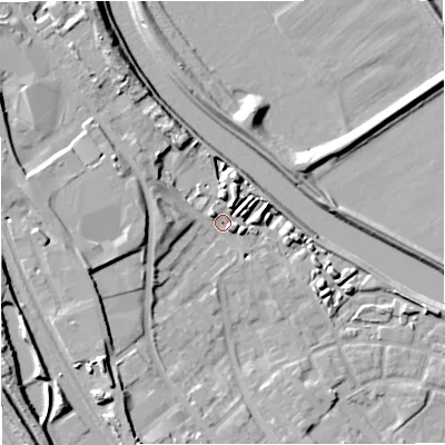 Shaded relief map of the ground around M66JF, computed from Environment Agency LiDAR. The ground here sits at about 33 m above sea level and falls 20 m across the surrounding 800 m. Surface water reaching this point runs off ground lying to the west, 5.5 m higher.
