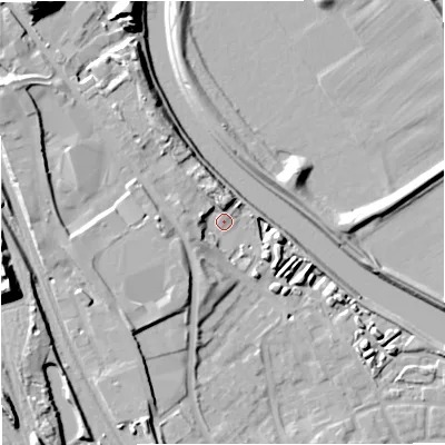 Shaded relief map of the ground around M66JJ, computed from Environment Agency LiDAR. The ground here sits at about 34 m above sea level and falls 26 m across the surrounding 800 m. Surface water reaching this point runs off ground lying to the west-north-west, 10.2 m higher.