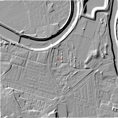 Shaded relief map of the ground around M66LB, computed from Environment Agency LiDAR. The ground here sits at about 31 m above sea level and falls 14 m across the surrounding 800 m. Surface water reaching this point runs off ground lying to the north-north-west, 2.6 m higher.