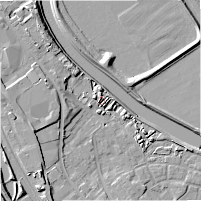 Shaded relief map of the ground around M66LF, computed from Environment Agency LiDAR. The ground here sits at about 35 m above sea level and falls 21 m across the surrounding 800 m. Surface water reaching this point runs off ground lying to the north, 4.7 m higher.
