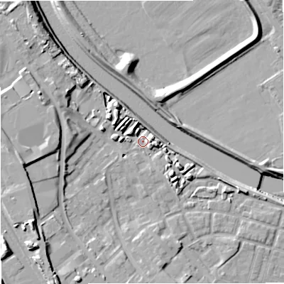 Shaded relief map of the ground around M66LG, computed from Environment Agency LiDAR. The ground here sits at about 32 m above sea level and falls 18 m across the surrounding 800 m. Surface water reaching this point runs off ground lying to the west, 9.2 m higher.