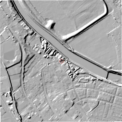 Shaded relief map of the ground around M66LH, computed from Environment Agency LiDAR. The ground here sits at about 33 m above sea level and falls 16 m across the surrounding 800 m. Surface water reaching this point runs off ground lying to the west, 9.2 m higher.