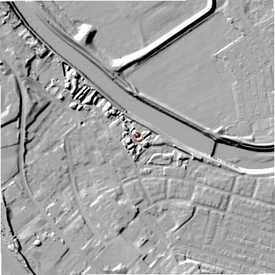 Shaded relief map of the ground around M66LJ, computed from Environment Agency LiDAR. The ground here sits at about 35 m above sea level and falls 16 m across the surrounding 800 m. Surface water reaching this point runs off ground lying to the west-north-west, 9.2 m higher.