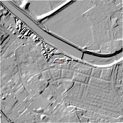 Shaded relief map of the ground around M66LP, computed from Environment Agency LiDAR. The ground here sits at about 33 m above sea level and falls 16 m across the surrounding 800 m. Surface water reaching this point runs off ground lying to the north-east, 1.6 m higher.