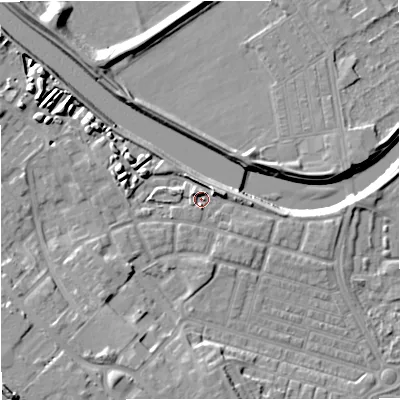 Shaded relief map of the ground around M66LR, computed from Environment Agency LiDAR. The ground here sits at about 33 m above sea level and falls 16 m across the surrounding 800 m. Surface water reaching this point runs off ground lying to the south-south-west, 9.7 m higher.
