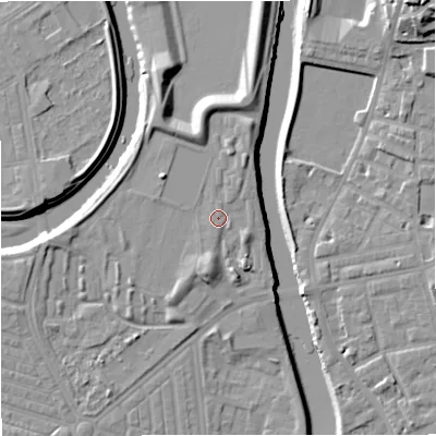 Shaded relief map of the ground around M66LT, computed from Environment Agency LiDAR. The ground here sits at about 31 m above sea level and falls 17 m across the surrounding 800 m. Surface water reaching this point runs off ground lying to the north-north-east, 1.6 m higher.