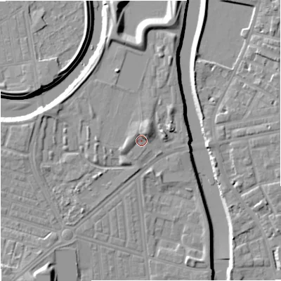 Shaded relief map of the ground around M66LU, computed from Environment Agency LiDAR. The ground here sits at about 31 m above sea level and falls 12 m across the surrounding 800 m. Surface water reaching this point runs off ground lying to the north-west, 1.5 m higher.