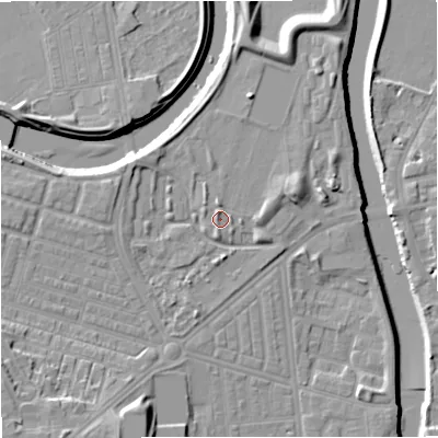 Shaded relief map of the ground around M66LW, computed from Environment Agency LiDAR. The ground here sits at about 31 m above sea level and falls 13 m across the surrounding 800 m. Surface water reaching this point runs off ground lying to the north, 1.1 m higher.